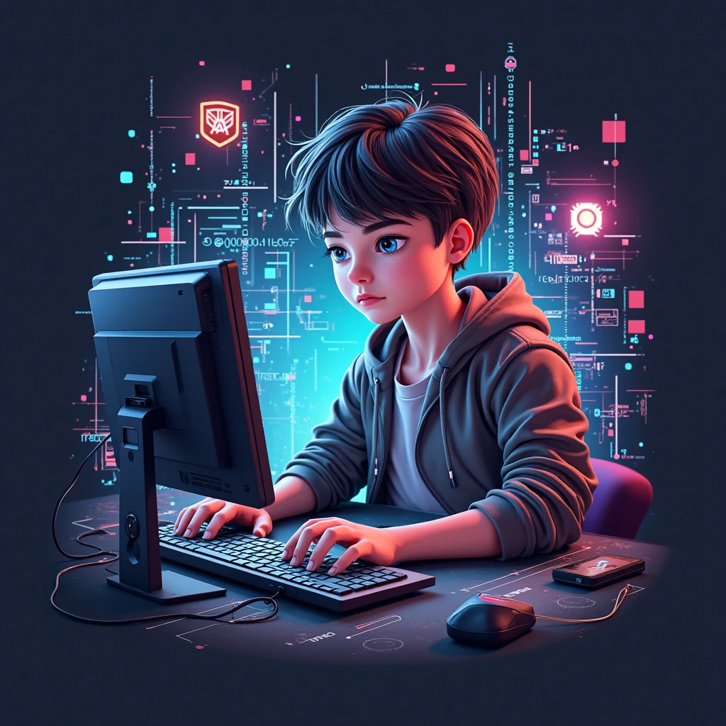 Boy with headphones playing on his computer and behind him having youtube badges with the name Dakuxito 
