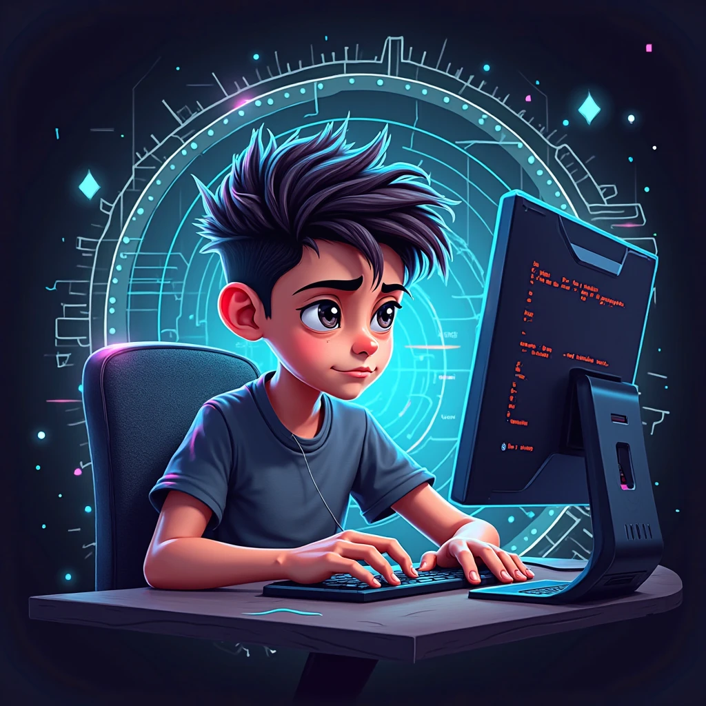 In the heart of the vibrant Neon lighting Gaming Room, a boy enthusiastically engages with his state-of-the-art PC setup. The ultramodern gaming chair, swathed in luxurious leather, cradles his body as he leans forward with unabated focus. Intricate wires snake across the deserted tabletop, connecting the myriad components of his masterpiece, the coolest PC in town. Its sleek steel casing reflects the vivid neon glow, casting an otherworldly luminescence upon the boy's determined visage. His eyes, bright with excitement and concentration, transfix the high-definition monitor as he navigates through a breat