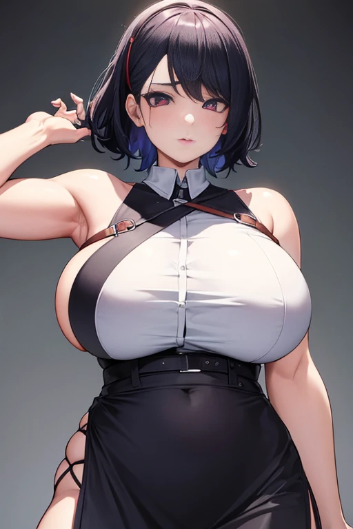 (masterpiece), best quality, female warrior, huge girl, female muscular:1.2, straight hair, black hair, massive breast, curvy, ((thick thighs:1.4)), (((blank background))), ((full body)), fingerless gloves, sandals, sleeveless, covered nipples, (underboobs:1.3), medium hair, thin hair, (very short skirt), blunt bangs, ((kneeling)), ((seiza))