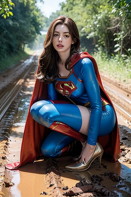Anne Hathaway has long brown hair,White skin,Big breasts and butt,long legs,slender legs,Wearing a blue shiny full-coverage tight-fitting Superman suit,Red over-the-knee boots,red cloak,,Squatting on a muddy dirt road,Body facing the camera,Clothes covered with mud stains,Realistic style,full body picture