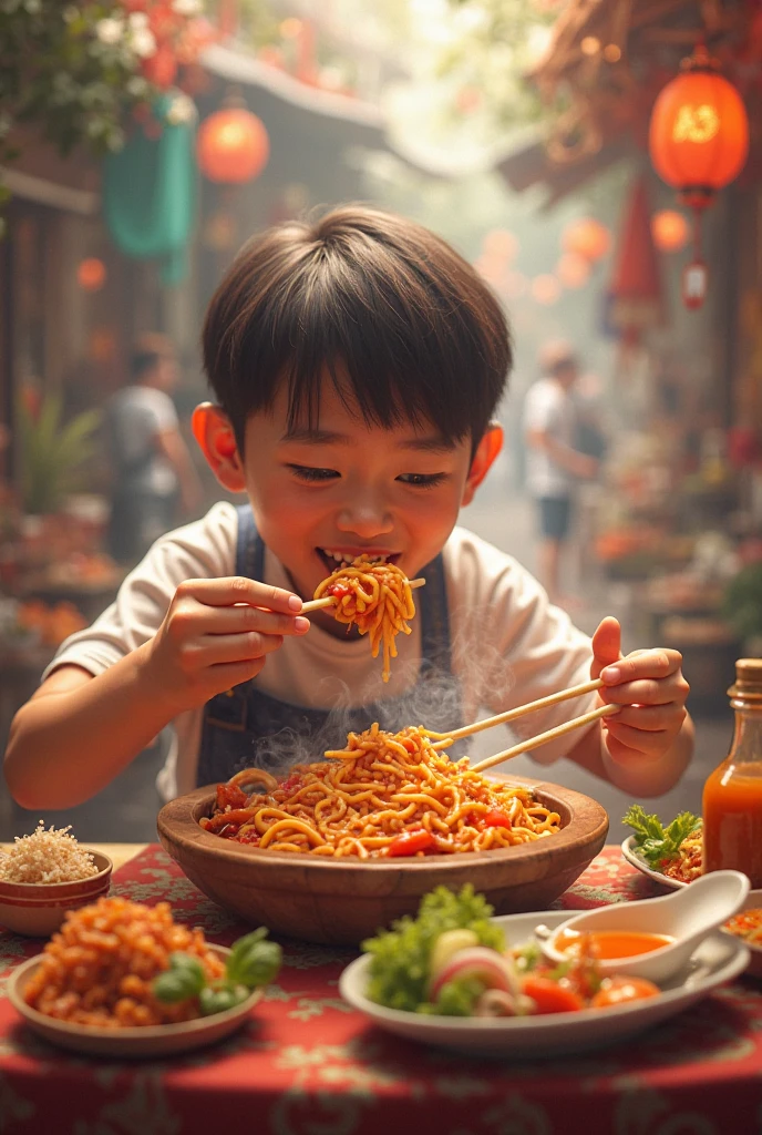 
a boy is eating noodles, it looks very delicious, sharp focus, highly detailed, cinematic atmosphere, dynamic background, fine composition, vivid colors, elegant, intricate, confident, complex, hopeful, unique, epic, enhanced, glowing, shiny, rich deep color, best, light, novel, romantic, beautiful, symmetry, illuminated, strong, glorious, artistic, winning
