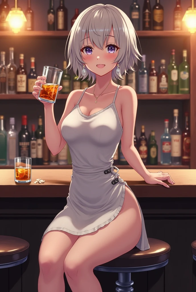(from the thigh up), 
(ash-dark-black もみあげは無い Shaggy princess cut medium length waved　tied hair), 
Masterpiece, high quality, High resolution, extremely detailed, cute with glowing white skin, eyelashes and cute dark-brown eyes, gorgeous background-centered composition,
アニメ,
(Best quality, 32K, photos of cute  women),
(Raw photo: 1.0),
(The background is the bar counter seats　Table seating Indoor),
(White, black and gray and silver interior),
(Dark Background:1.3),
(intense shadow:1.0),


(1girl),
detailed face and breast,
17 years old,
tall,
(Big Tits 1:1),
(erect nipples:1.1), 

(plump lips),
(Adult female body:1.2),


(Plump White　Seven-minute length　The bra is slightly visible　blouse　Wear a collar),
(cleavage:0.8),
(platinum　Thin Necklace),

(Plump Black and Dark Brown　Fine houndstooth pattern　fit　Knee-length　slit　Tight Skirt),
(Black Stockings),



(She holds the tablet in both hands and hands it to me.),
(slouch),


(Smile),
(close eyes:1.2), 

(Inner thighs),


(late night),


(from front-position:2.0),

