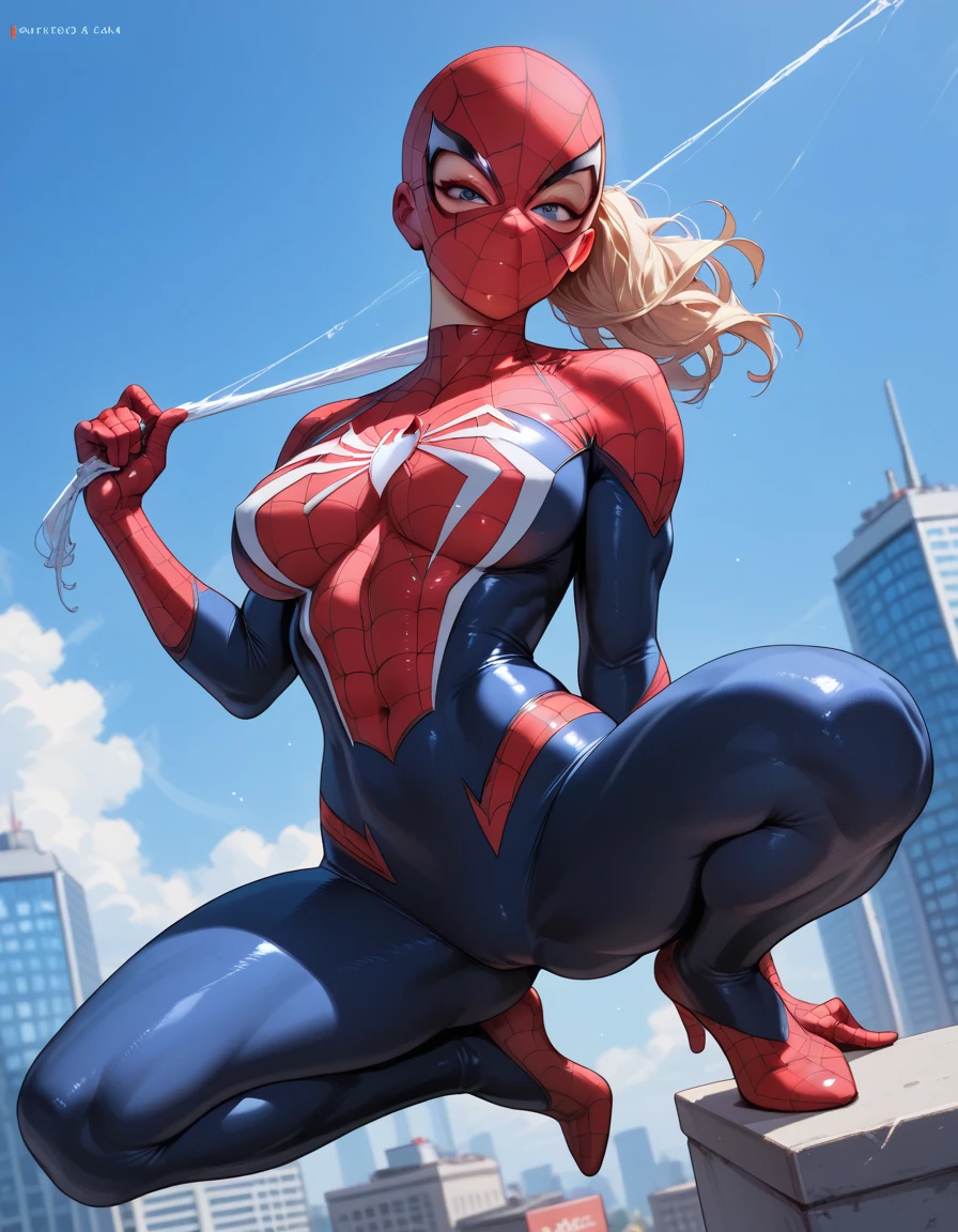 Sexy, tight black Spider-Man suit. Flying, sky, blonde hair, blue eyes, 1girls, large breasts
