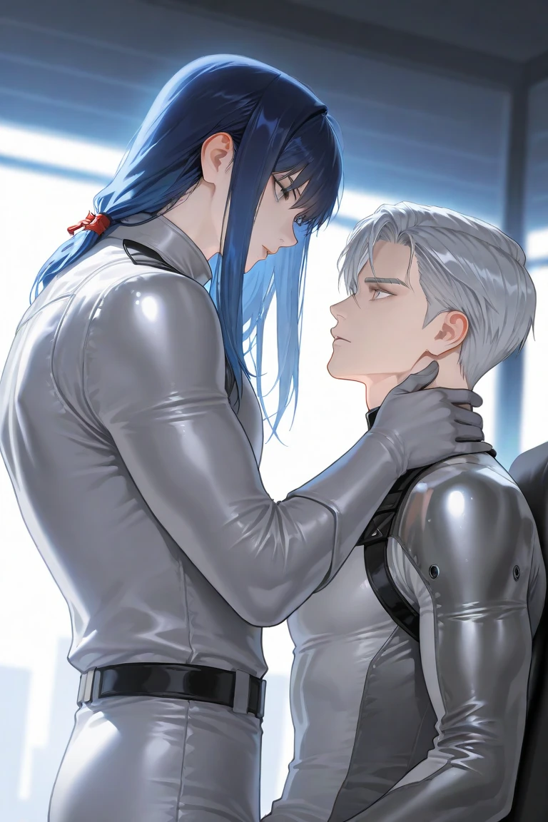 body suit, white suit, futuristic suit, gloves, white gloves, skin tight bodysuit, toned male, teenager, young male, beautiful face, bodysuit, futuristic, sci fi suit, toned male, large erect bulge, nipples, shoulder guard, neck guard, blue eyes, tight gloves, white skin, two males touching each others cheek, lips touching, loving look