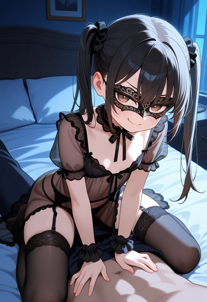 Hands Behind Back,Tied with hands behind back,lick,open mouth,tongue out,cum on tongue,front face,from front,front view,looking at viewer, looking ahead,from above,cowboy shot,1girl,Beautiful girl at ,Japanese,Slender,,low length,Small breasts,Thin legs,Small Ass,Baby Face,Small face,Black Hair,two side up,Black blindfold,blindfold,middle School girls,Sheer black and pink negligee,lingerie,Collar with leash,Kneeling,Straight Stand,Beautiful and detailed anime art,Desire expression,crave,Sexy vibe,Dimly lit room,On the bed,Simple Background,Gray background,Low lighting,