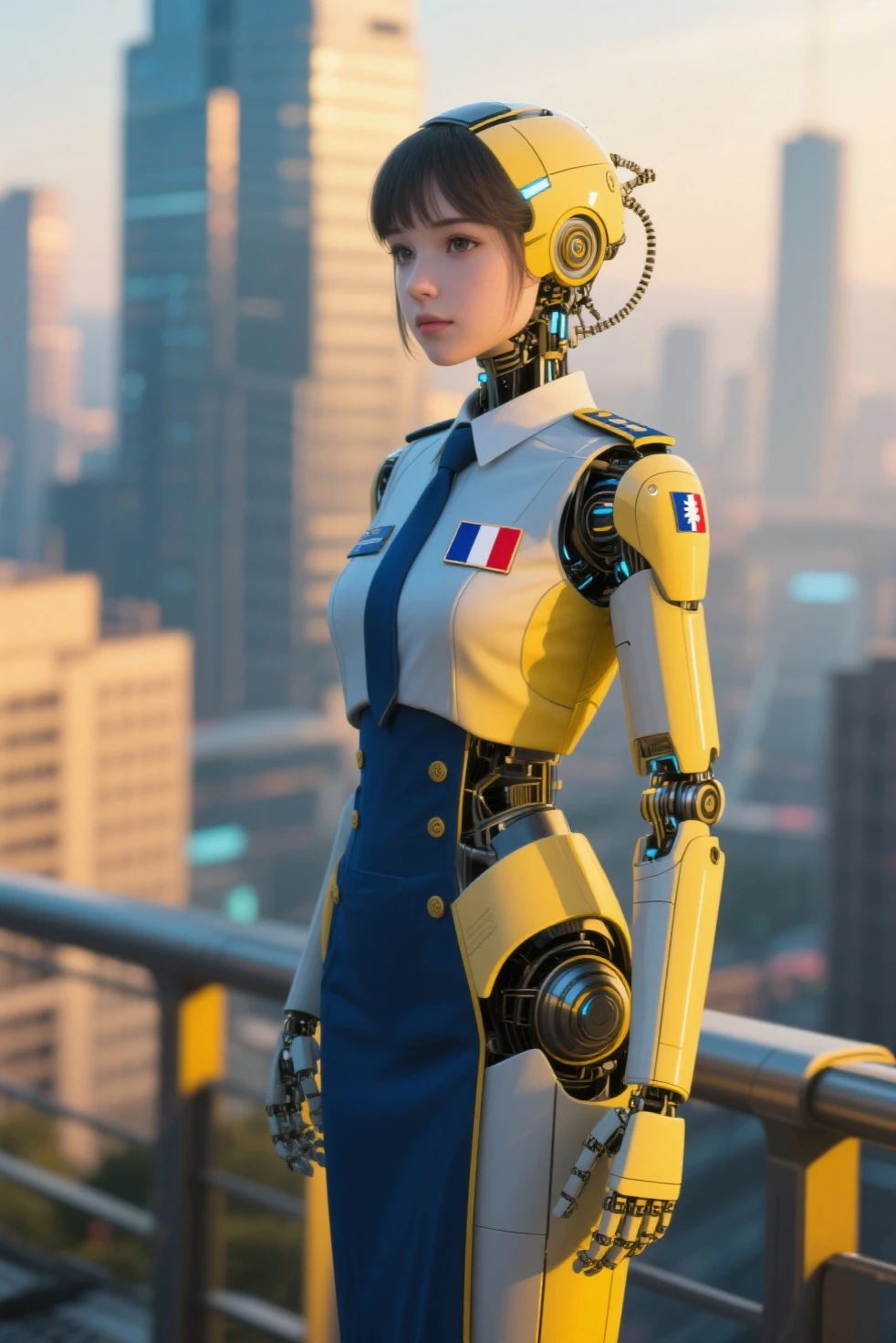 Intricate illustration in surrealist art style,mecha girl,french women, French Culture Style Cyborg, full background, View of the Eiffel Tower