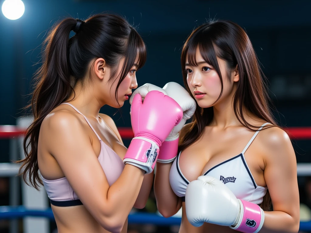 (Masterpiece, best quality), ((2girls)), (Two gorgeous 25 year old cute Chinese girls with short hair staring directly at each other with serious expression, face off, arms down), (black boxing gloves:1.1), ((topless:1.2, perfect breasts, NSFW)), (wearing tight gym shorts, long legs), (fitness model body), (private boxing ring), ((full body:1.1))
