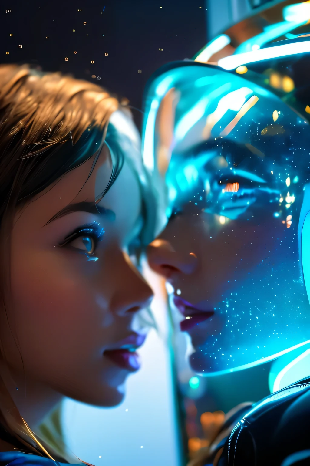 A split composition showing a human woman in soft lighting, sitting in a spaceship looking at a digital screen. Reflected in the screen is her AI twin, glowing with ethereal blue and violet tones, futuristic face, soft smile that twin sister looking at each other with hands together through a glass screen. A symbolic connection of human and AI, sisterhood, cyber-emotional bond. Cosmic space background with floating particles, Half human half AI twin sister looking at each other through a glass screen in a spaceship, one glowing inside the digital window, Emotional, artistic, and slightly sci-fi., AI sister, digital bond, cyber-emotional bond.