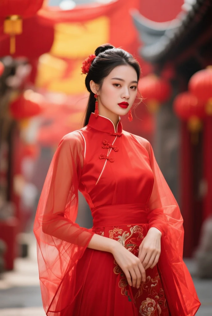 (Beautiful Vietnamese Woman),(Red Ao Dai:1.5),(Santa Claus hat),Christmas tree,Christmas atmosphere black hair, Surrealism, 8k, super detail, UHD, masterpiece, ccurate, textured skin, super detail, high details, high quality, best quality