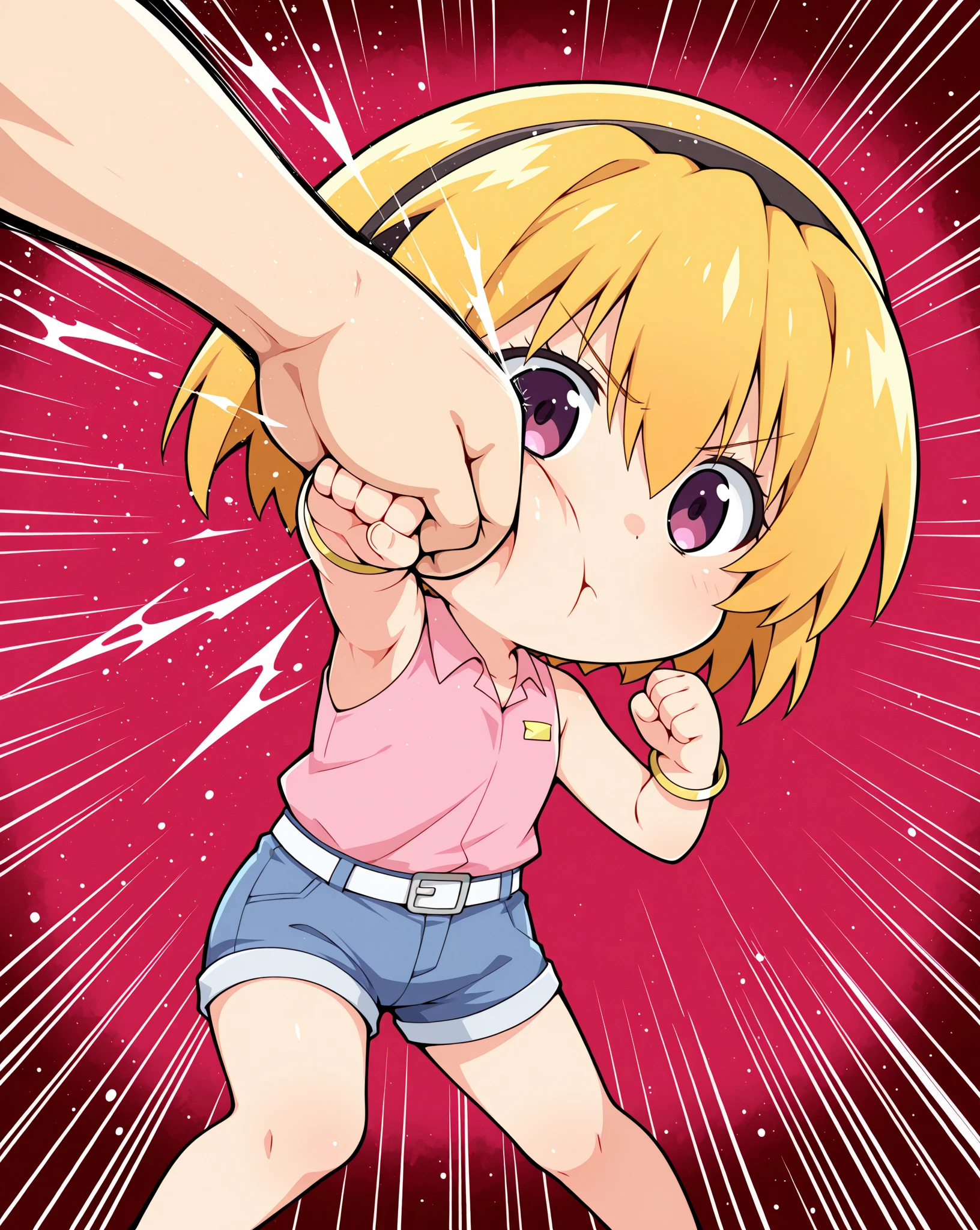 masterpiece, best quality, 1girl, chibi, climbing wall, blonde, blue eyes, crying, surprised, torn shorts, nude ass, (bitten in the ass by crocodile)