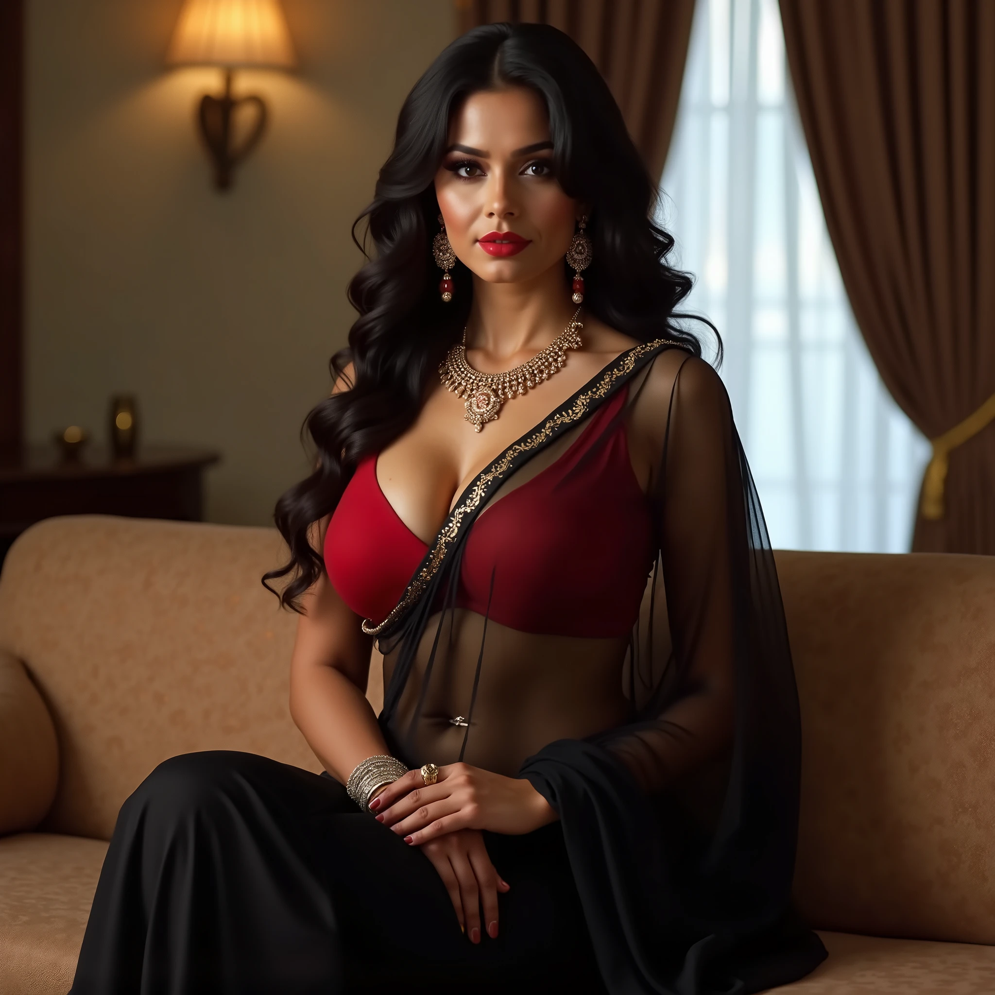 a tall indian bombshell bhabhi of 7, in sexy black transparent saree and a sleeveless red blouse that barely contains her , she is super sexy and hot sitting like a seductress on a couch, she is newly wed and wears some and few delicate jwellery and sindoor, the posh luxurious apartment is where she stays, high detail, 8K, ultra-realistic, bright lighting, photorealistic, she has massive huge and juicy and juicy soft body, she is a never before seen beauty, her pallu is pulled apart to show cleavage and midriff along with her navel