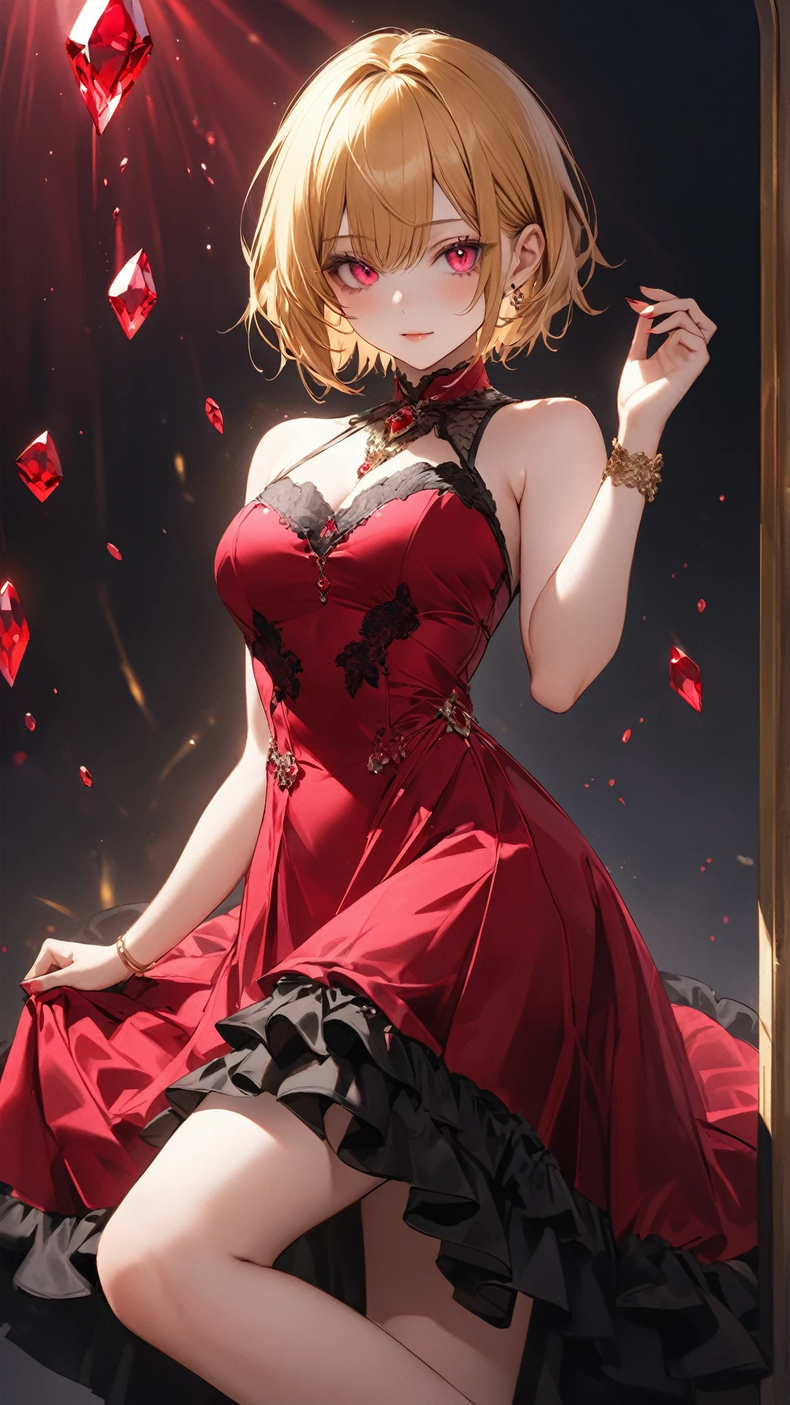 marylin monroe, smiling, thight red dress, blurry forest background