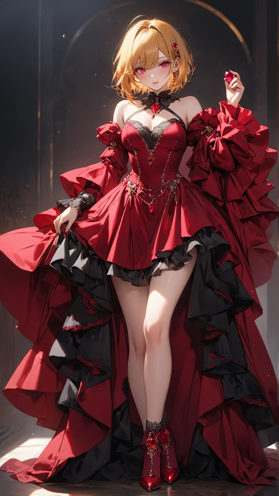 (very aesthetic, best quality, ultra detailed), intricate details, beautiful idol with brown hair, red dress, red roses, rubí, strawberries, full body