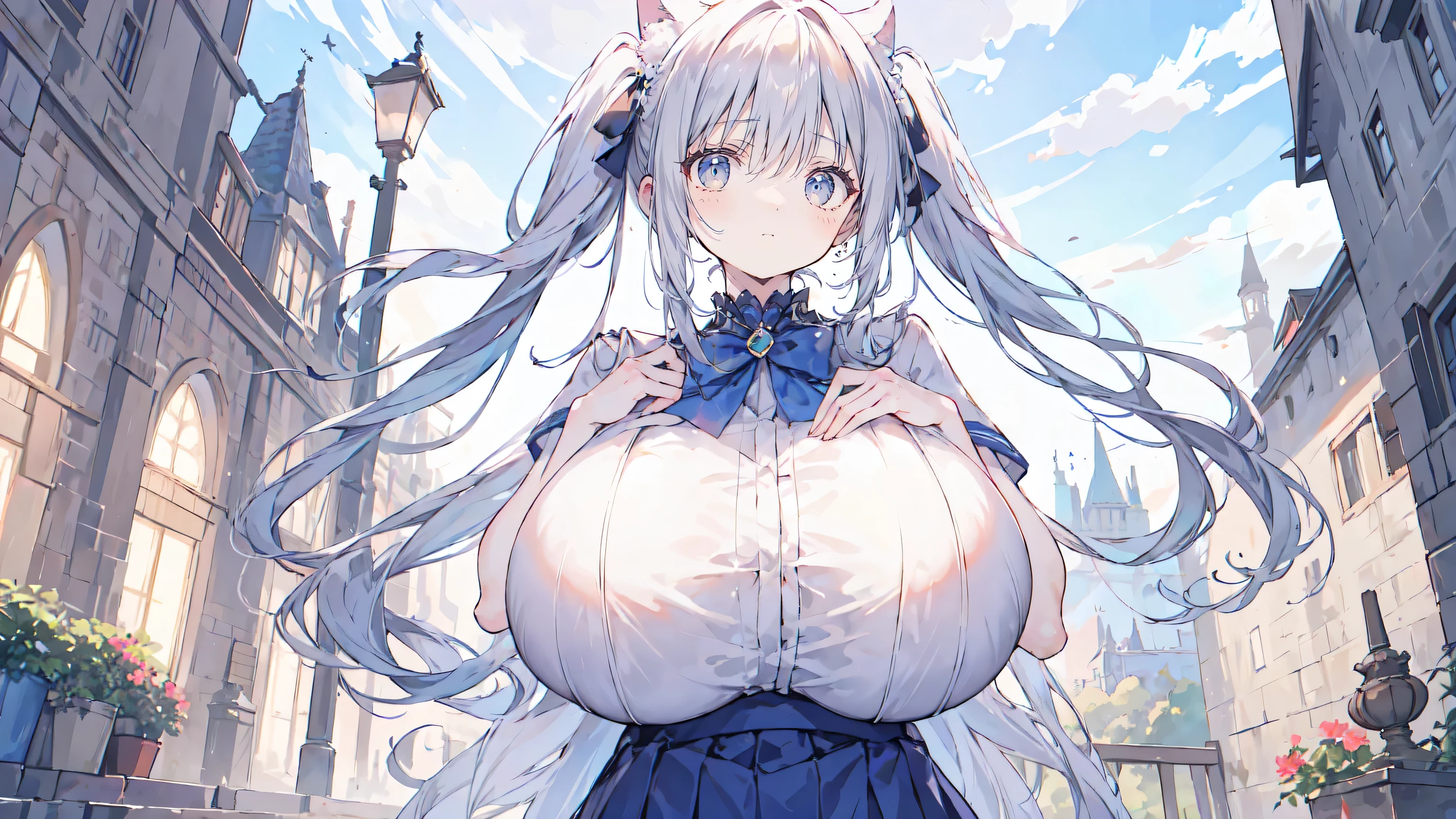 ((Highest quality, 8k, masterpiece :1.3)), One person,Long Hair, Ahoge, Grey Hair, Shortcuts, blue eyes, smile, Close your mouth, Cowbell, Holstein,Cow ear, Clasp your hands in front of your chest.,Huge breasts