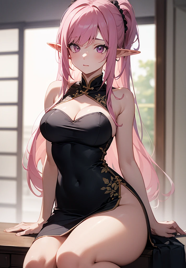 (pornography), (anime,8k,masterpiece, top quality, best quality,beautiful and aesthetic:1.2,professional illustrasion:1.1,ultra detail:1.3,perfect lighting), extremely detailed, highest detailed, incredibly absurdres, highres, ultra detailed, intricate:1.6, (girl), noble, (highly detailed beautiful face and eyes), pale skin, parfect body, thighs, large breasts, big areola, pink eyes, elf ears, pink hair, long hair, straight hair, long skrt, thin pubic hair, oily skin, cute,
bare shoulders, china dress, chinese clothes, short dress, cleavage cutout, sideboob, thighs,