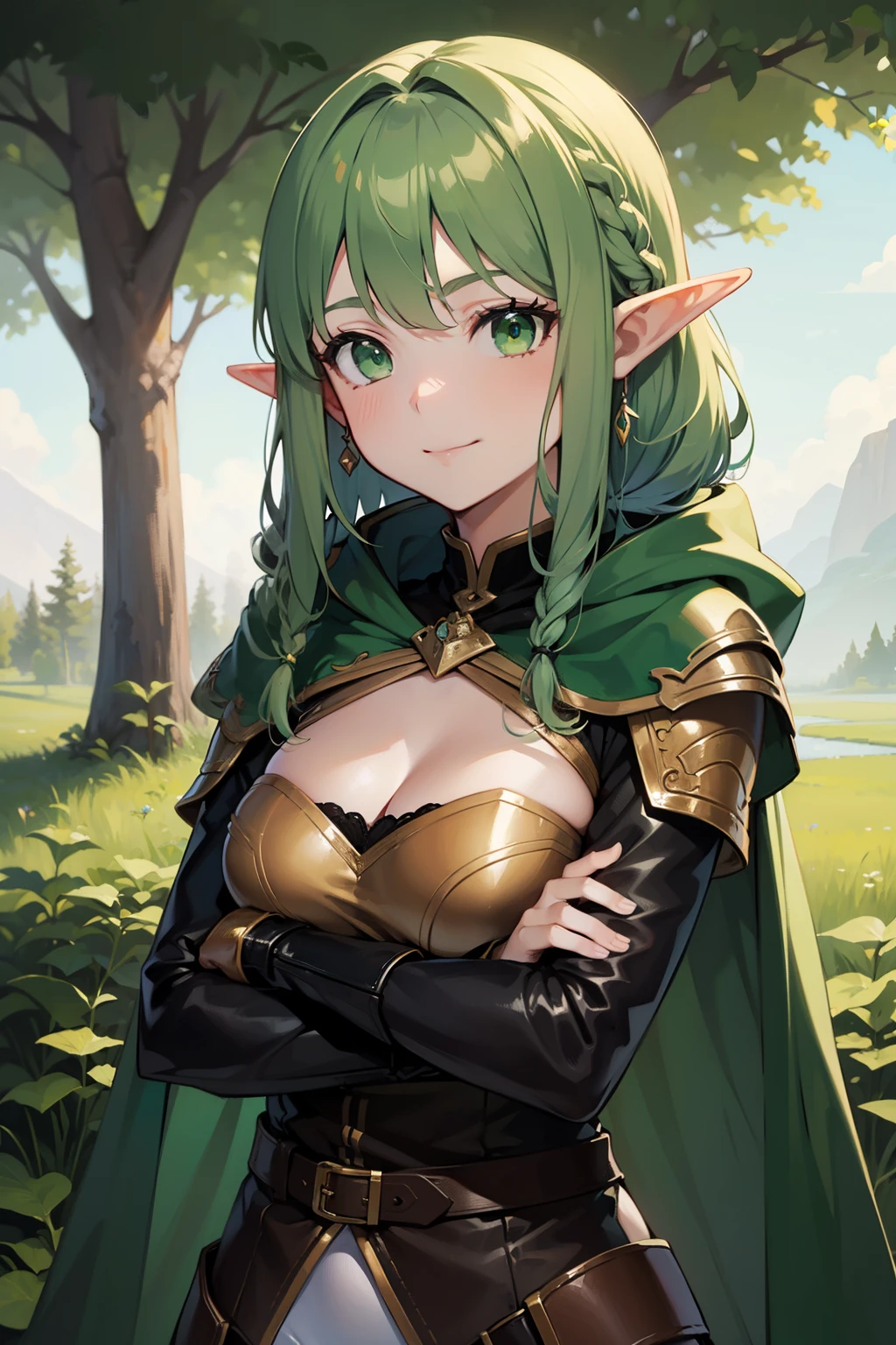 (masterpiece, Digital Art, Digital Illustration, 4K, 8K, Ultra-detailed, beautiful image, Sharp Image, Photorealistic, Raw photo, Perfect face, Perfect lines, Perfect eyes, Soft lighting), (((solo))), ultra detail, RPG, Dungeons&Dragons, medieval, fantasy, woman, determined, attractive, hero, elven druid, ((((green long hair, bangs, braid, green eyes, pointed ears)))), ((blush face, alluring smile)) ((((big breasts)))), (((tribal costume, green clothes, hair ornaments, head band, leaf ornaments, animal fur, leather belts, leather pouchs, straps, cleavage))), in a dark forest, night, (((((upper body, standing))))), green face paint, ram horns, (((arms behind back)))