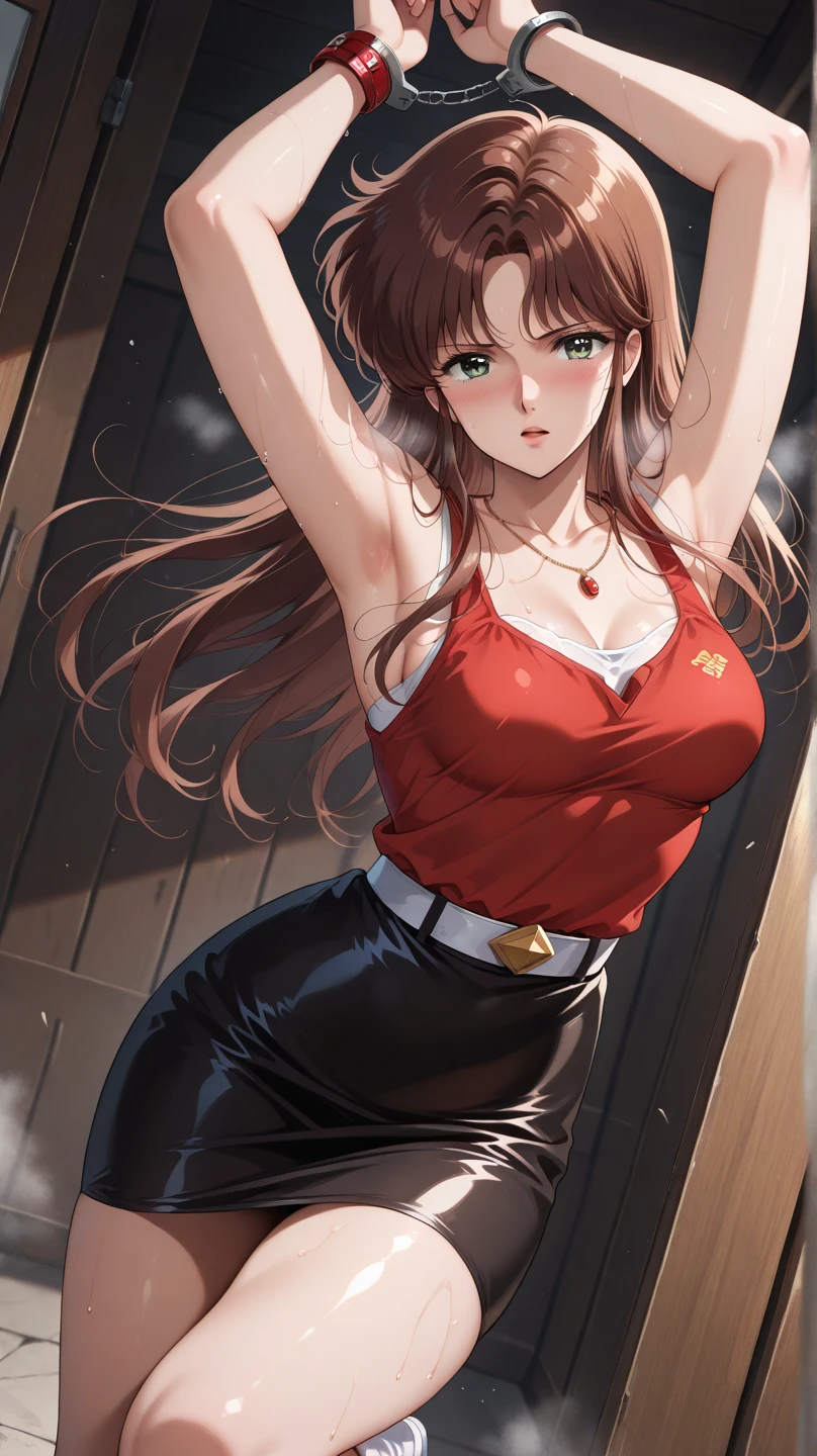 (((masterpiece))), (((best quality))), (((high quality))), (((1girl))), (((chubby))), (((plus size body))), (light brown hair), (((slightly wavy hair at shoulder length))), lavender eyes, black cat eyeliner, salmon eye shadow, full lips, peach lips, many moles all over the body and face, freckles, pale skin, long legs, very huge breasts, big hips, small waist, big ass, thick thighs, (((red sleeveless blouse))), ((black elegant skirt)), ((black belt)), ((black semi-transparent long stockings)), ((black heeled sandals)), red toenails, red fingernails, modern background 