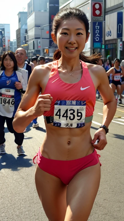 1980's movie poster, romantic comedy, (masterpiece, best quality), beautiful runner crossing finish line, logo runner t-shirt, runner shorts, wind blown, asymmetrical bangs, perfect face, beautiful face, alluring, big gorgeous eyes, determined happy smile, perfect slim fit body, city streets, (outdoor), Bangkok city bright and early morning, bright colors, a marathon race, men and women chasing