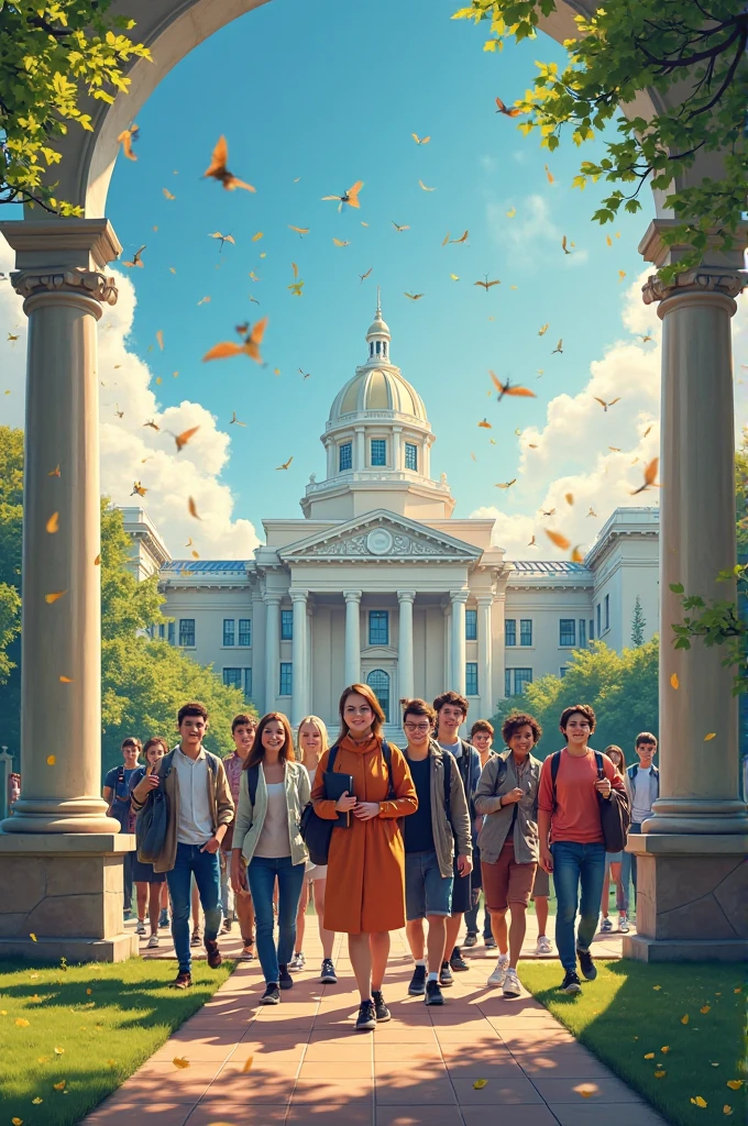 Forest Glade. A 47-year-old man in a business suit is sitting on a tree stump in the middle.. Behind him, on the left side, stands a young blonde girl in a short skirt., and on the right are two adult twin women with red hair in long skirts. Hands holding 3 balloons and boxes with cake. muted tones