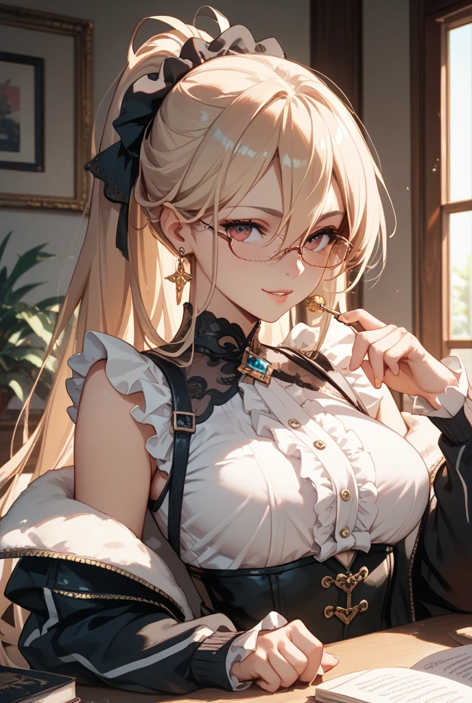 top-quality、Top image quality、in 8K,4K,​masterpiece、(NSFW:1.1)、ultra-detailliert、Beautiful、ultra-quality、cute little、Style like a model、girl with(((18year old、Halloween Costumes:1.5、National clothes:1.4、Bust 92、a blond、poneyTail、Blue eyes、eye glass、Happiness、Ear-piercing)))、hiquality、visualart、Background with((Halloween:1.2))、masutepiece