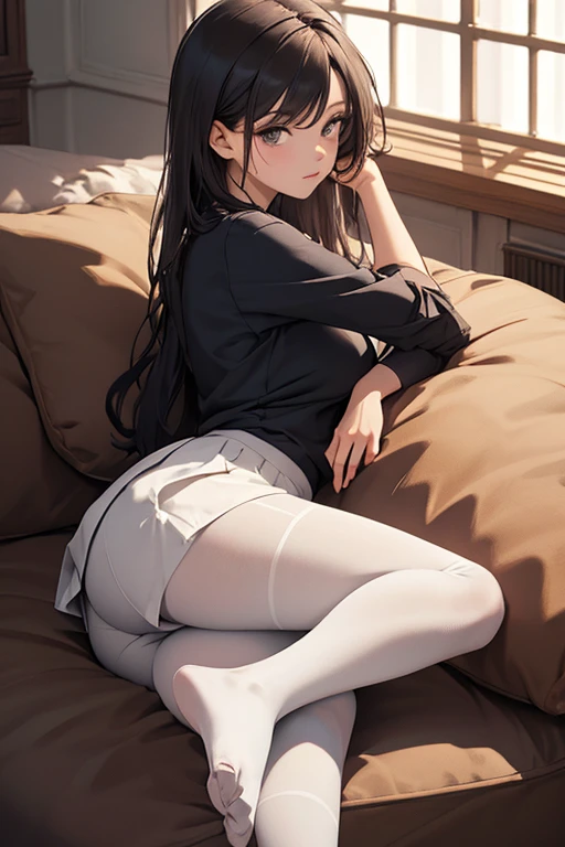 highest quality, masterpiece, High resolution, (Head to toe full body view), Front view from slightly below, Symmetrical Configuration, Precisely balanced composition across the body、18-year-old, Slim and beautiful girl, alone, (Small breasts), (No shoes), Long brown hair, bangs, (Black Pantyhose), (Sit on the floor with your legs open), (Spread-legged pose on bed), (Her legs were spread、White panties are visible.), (Open your mouth with a pained expression), blush, Shy big eyes, Looking into the camera, high school girl'Blazer uniform, Checkered pleated skirt
