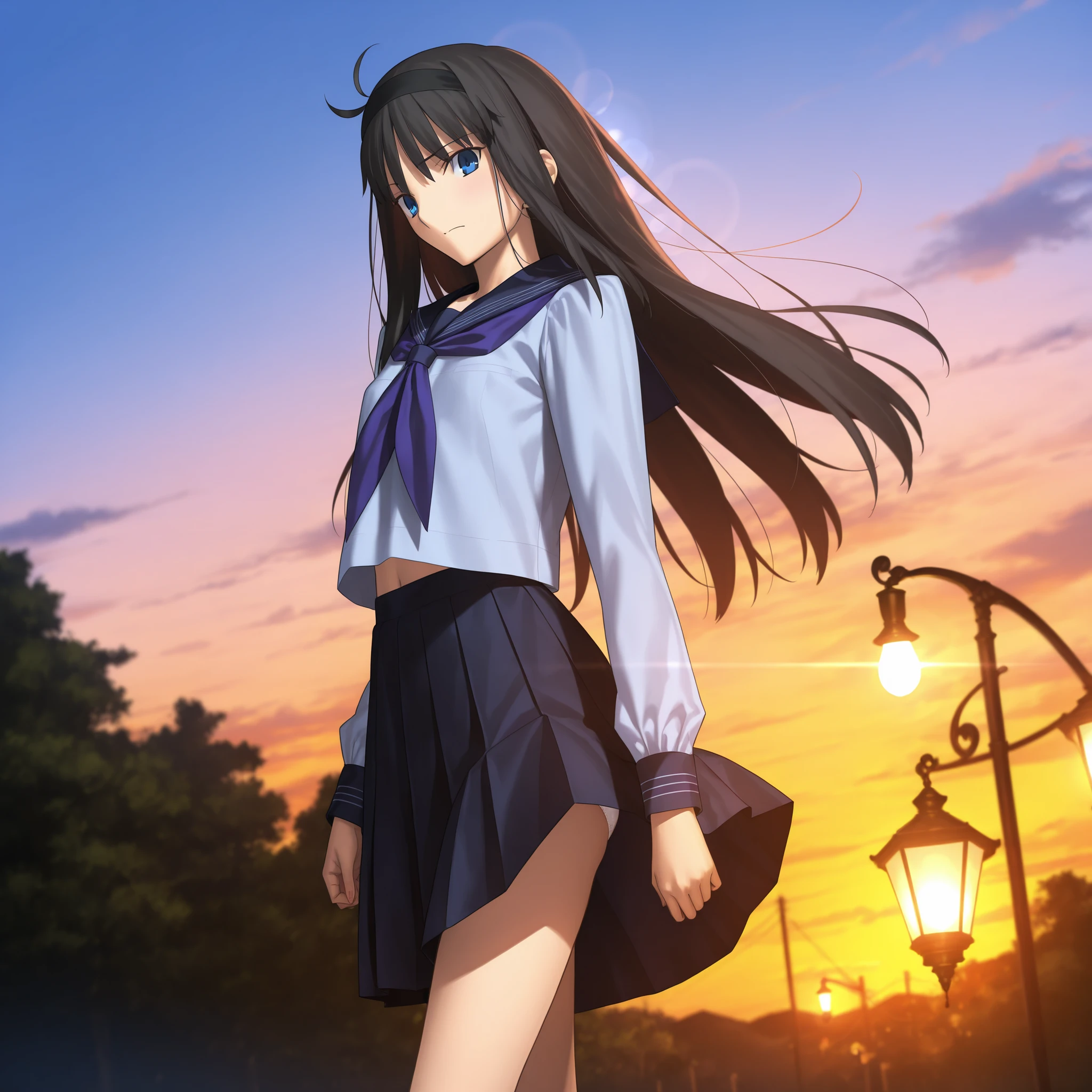 masterpiece, , absurdres, highres, detailed background, high resolution, masterpiece, necessary, detail, best quality, quality, necessary, details, High details, Precise, dark, outdoors, ,((evening, lamp, )), , lens flare, blurry background, from below, ,
1girl, , Takeuchi Takashi (type-moon,tsukihime) style, takeuchi takashi style, (pantie shot) , (wind lift) , panties , ,
tall girl, slim body, , Akiha_Tohno, (tsukihime), black hair, bangs, long hair, blue eyes, long sidelock, black headband, straight hair, tsurime, bare legs,
(school uniform , sailor collar , serafuku , light blue shirt , long sleeves , purple neckerchief , blue neckerchief ), white panties, , black skirt , pleated skirt ,, (small breasts, flat chest), light embarrassed, looking at viewer, ,,
