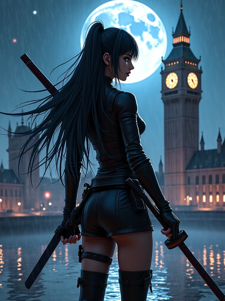 woman, black hair, black leather suit , Fine gold jewelry , , ,Anime,