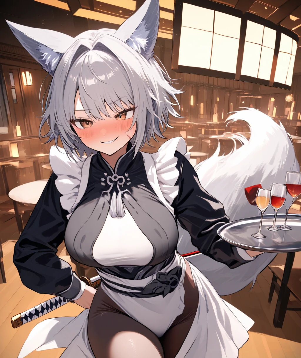 (masterpiece,best quality,very aesthetic),(disheveled hair)(ultra-detailed),1girl,solo,curvy,a fox tail,medium breasts,(platinum blonde fox ears),short hair,platinum blonde hair,beautiful face,(messy hair),(disheveled hair),hair intakes,(fusion of gray kimono and white highleg playboy bunny,bow tie,Layered clothing with white on both sides and black on the inside:1.2),loose chest,bare legs,luxurious decoration,(cameltoe:0.7),(smirk:0.7),smile,exciting,cheerful,brown foxy eyes,(scar on cheek:1.3),serving cocktail,standing,serving japanese sake bottle,japanese banquet hall,table,zabuton,cowboy shot
