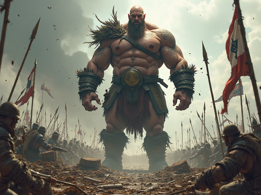 Muscular dwarf man saving many old women from a war