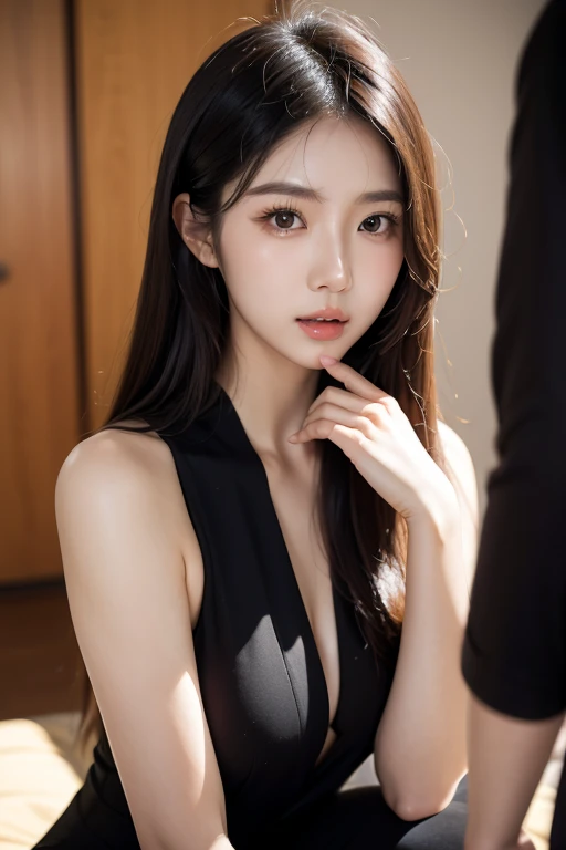 extremely detailed eye, extra detailed face, Best Quality ,masutepiece, Extremely detailed, Ultra-detailed, (Realistic, Photorealsitic:1.3), Smile, (facing front), Looking at Viewer, Black shirt, 1girl in , Long body、Skinny figure、big breasts thin waist、in a office、cleavage of the breast、Slim Faces、Slim jaw、