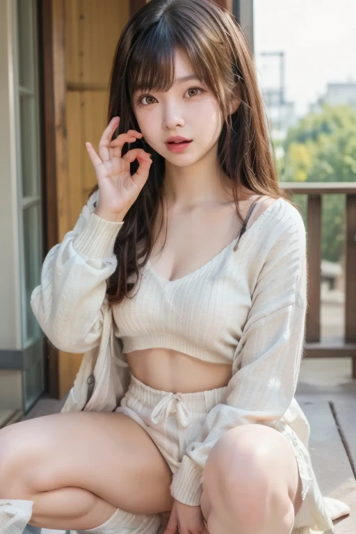 (8k, highest quality, masterpiece:1,2), (Realistic, The photo is real:1.37), Super Detail, One Girl,), (Very detailedな), (Beautiful and detailed eyes), (highest quality), (Very detailed ), (masterpiece), (Detailed face),20-year-old, ,1 girl, whole body, Pink Hair,Very short hair, Dressed, Perfect lighting,Focus on pussy and breasts, View your viewers, Excited face, Mischievous face, Outdoor, evening, Skyscrapers in the background, wood, White sweater,