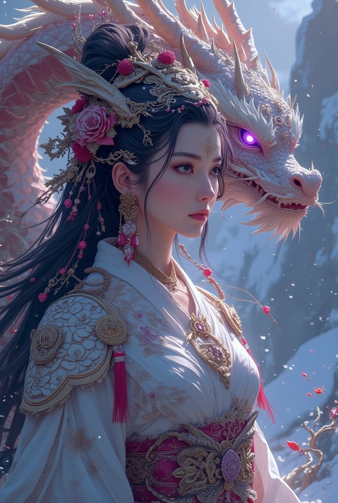 BJ_Sacred_beast, from below, 1girl, solo, asian girl, standing, looking at viewer, facial mark, forehead mark, blush, long hair, floating hair, brown hair, hair ornament, large breasts, narrow waist, chinese clothes, long sleeves, wide sleeves, see-through sleeves, jewelry, earrings, high detail skin, real skin, glowing hands, aura, illuminating chinese calligraphy, energy flow, giant eastern dragon aura in background, falling petals, wind, blurry background, masterpiece, top quality, best quality, official art, beautiful and aesthetic, (Glowing ambiance, enchanting radiance, luminous lighting, ethereal atmosphere, mesmerizing glow, evocative hues, captivating coloration, dramatic lighting, enchanting aura), ultra realistic, soft colors, <lora:add-detail-xl:0.3> <lora:SDXL_Sacred_beast:0.7>