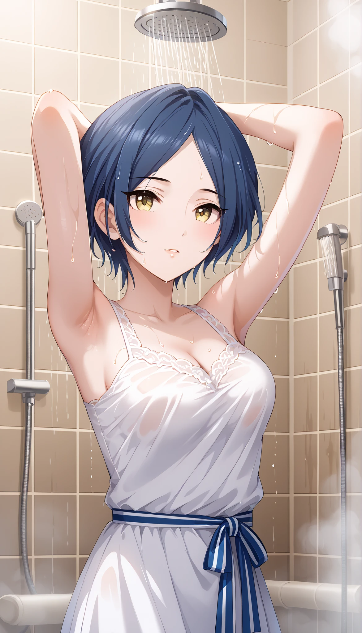 (((ＭasterPeace))),(((High Quality))),(((Hayami kanade))),(((medium breasts))),floating on the moon,blue hair,short hair,shower room,((Arms Raised Pose)),Ulchan-6500-v1.1, ( RAW photos :1.2), beautiful detailed, very detailedな目 美しい目,beautiful eyes,yellow porn, has a large file size, high definition, very detailed, Highest Quality, [masterpiece:1.6], Awareness-raising, very detailed, CG, finely, Highest Quality, 8K wallpaper, perfect figure,very detailed,Wet Bodies