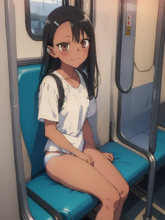 (1) Sitting alone on a long seat in a train,Sit with your legs apart,Showing white panties, Composition from the front,Low - Angle,
(2) I'm a jk, She is wearing a uniform consisting of a miniskirt, sailor suit and loose socks.,
(3) I have medium length brown hair,
(4) The expression is provocative and smirking.,
(5) The location is a long seat on the Yamanote Line at night.,There are no other customers,The view outside the window is the night view of the city