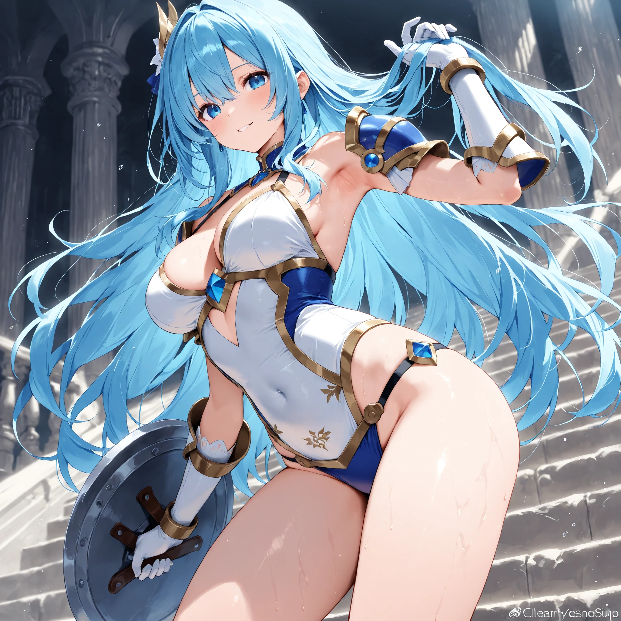 4K,High resolution,One Woman,Blue Hair,long hair,Braid,Green Eyes,Big Breasts,Valkyrie,White sacred high leg leotard armor,White gloves,White shoes,Winged headgear,Jewelry decoration,Gold decoration,Holy Sword,Temple in the Sky