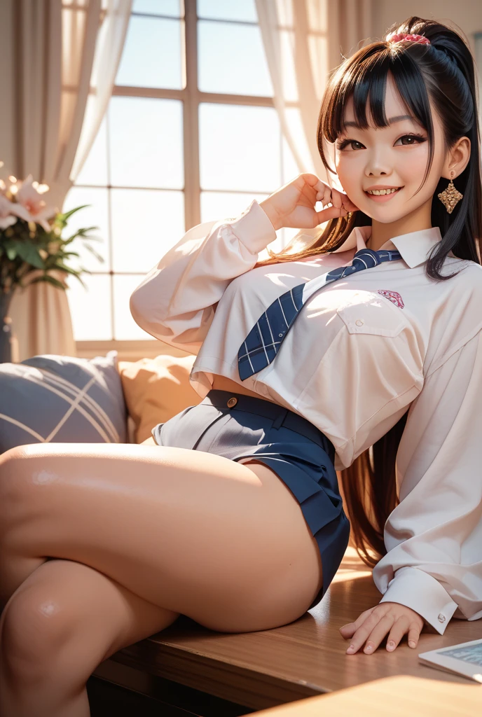 Realistic college girl in skirt and bow tie, (Wearing pantyhose), sitting in the couch、Japanese Models, (thighhighs and skirt), Young Sensual Gravure Idol, A smile、wearing honey - themed miniskirt, (Wearing cute panties)、Young skinny gravure idol, goddess of Japan, Young Pretty Gravure Idol, Realistic Young Gravure Idol, Raw photo, (8K、top-quality、masterpiece:1.2)、(intricate detailes:1.4)、(Photorealsitic:1.4)、octane renderings、Complex 3D rendering ultra detail, Studio Soft Light, Rim Lights, vibrant detail, super detailing, realistic skin textures, Detail Face, Beautiful detail eyes, Very detailed CG Unity 16k wallpaper, make - up, (detailedbackground:1.2), Exposed thighs!!!,