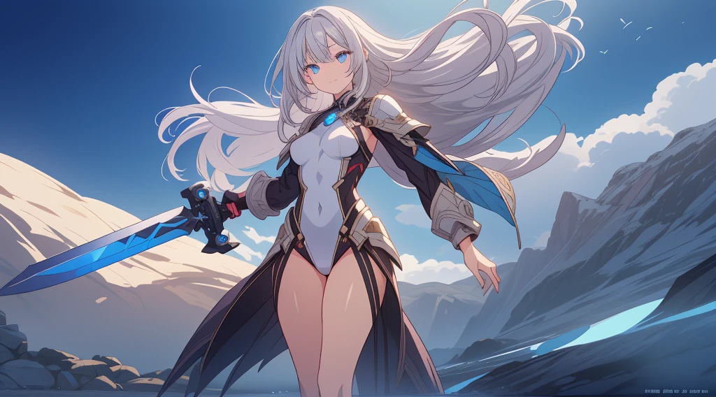Fourteenth girl with long white hair，flat chest，Breastplate，Black one piece swimsuit，white sci-fi armor，Mechanical Wing，Thin legs，high heels，flight，spear，sky white clouds
