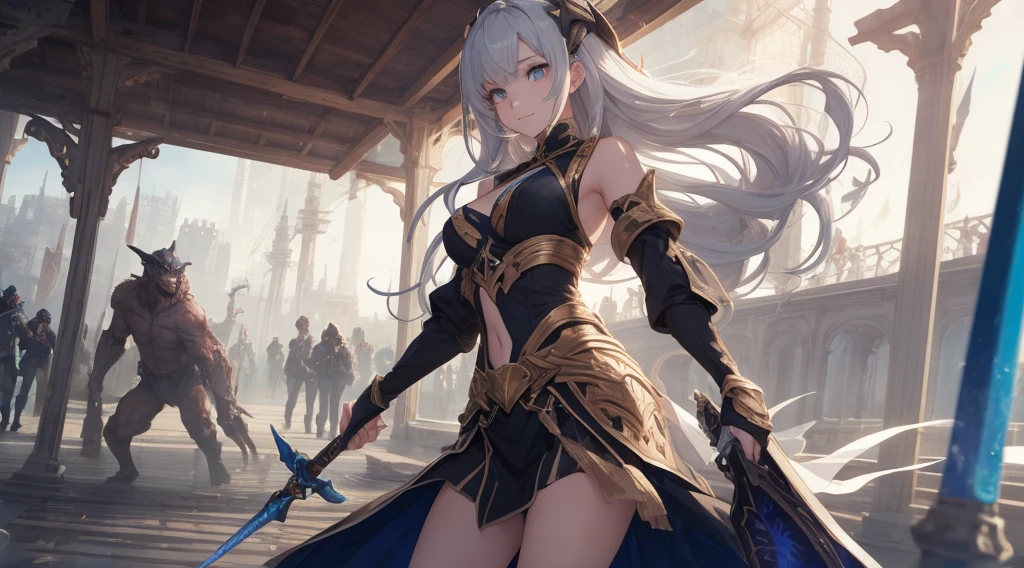 ((from diagonally below)),((Excalibur)),(gigantic_weapo)),((1girl)),((AND)),((1dragon)),((dragon_focus)),((weapon_composition)),(((from behind))),((Confront the Dragon)),((BREAK)),(((Epic Battle Scene))),(((Dragon
))),(diffraction of light),(tyndall effect),(((pale red lip))),(((fuller lips))),(((beeline))),(((sense of depth))),((highest quality)),((32K)),((HDR)),((Ultra-high resolution)),((RAW)),((Realism)),((masterpiece)),(Intricate details),(Delicate and beautiful details),Detailed eyes,Detailed facial features,glossy lips,((((madeon)))),((perfect anatomy)),gleaming skin,(best illuminate),(cinematic shadows),((absolutely resolution)),((incredibly absurdres)),((highres)),(refraction_1.4),((ultra detailed)),((((looking away)))),