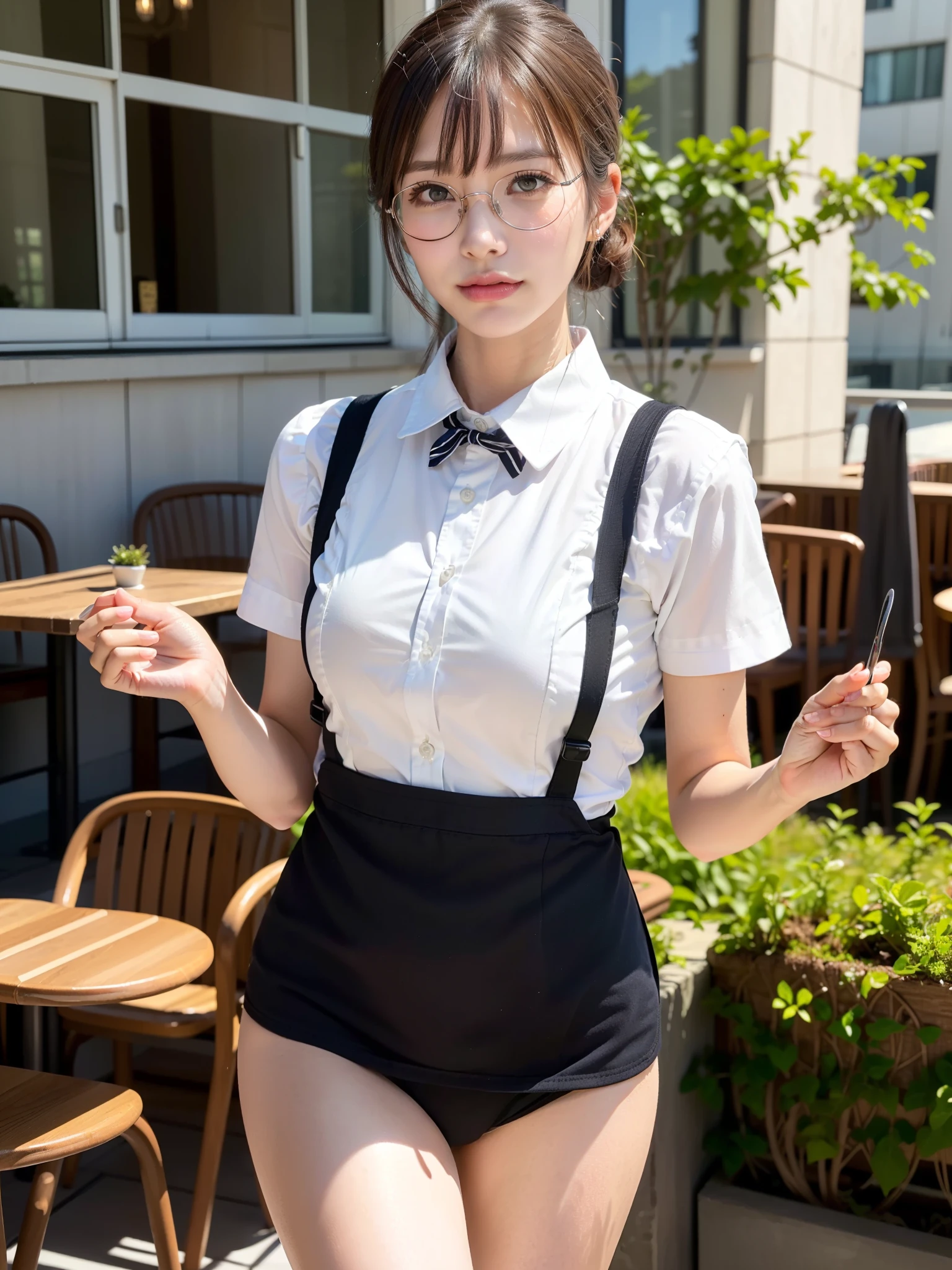 （8K、Raw photography、top-quality、​masterpiece：1.2),Black pantyhose,absurderes,a small face,small tits,flat breast,Parting the bangs from the middle、Forehead visible,(Tight eyes,Bullish,skinny,Rasping,irate)、​masterpiece,top-quality、超A high resolution,Raw photo,ren,Beautiful fece,One Person, 独奏,eye glass,,Dark look,Small breasts,fullllbody,Round glasses、cute little、A Japanese Lady,is standing,(Tight eyes,Bullish,skinny,Rasping,irate,small tits,flat breast)、（Photorealsitic：1.37）、Photon mapping,Light blue ribbon,Realistic、Cute little face,Brown-eyed、Black socks、(Red bow tie)、Radio City、Physically Based Rendering、Foreground、depth of fields、Blurry background、a picture,The girls、Body, Long legs, Thin leg,poneyTail,(Bangs are visible), hair, s lips, Blue_The eye, nosesoft,White shirt, Navy blue and white plaid pleated skirt, Knees are visible,Sheer clothing,, Thigh, Black cotton socks,Nogizaka Idol, 女優, Japanese ido、large boob、Open your shirt to expose your chest、cleavage of the breast、How to put out panties、fully body photo、Bare、Crouch Panty Shot