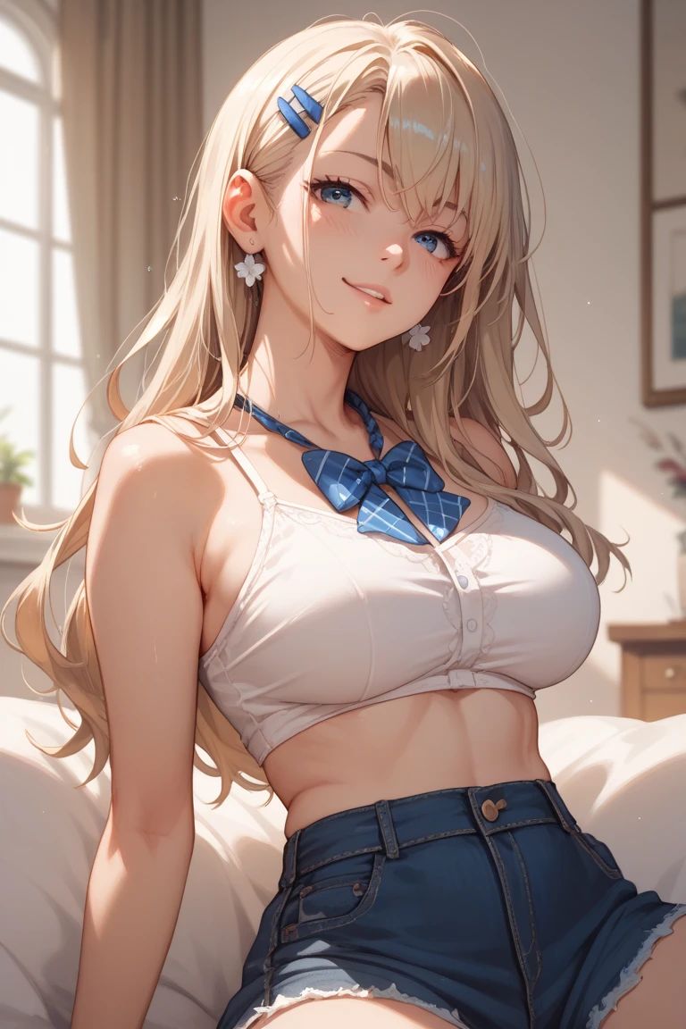 breathtaking oil painting, 1perfect beautiful girl, young, shining smile,short denim shorts,underboob withe t-shirt,((perfect sexy body)), ((medium size tits)), county on the background
