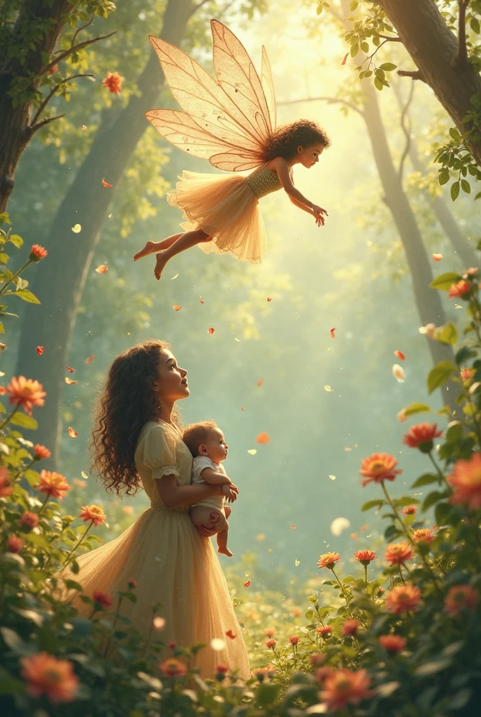 A mother waved brunnet hair trowing up his little kids with angel wings in paradise garden