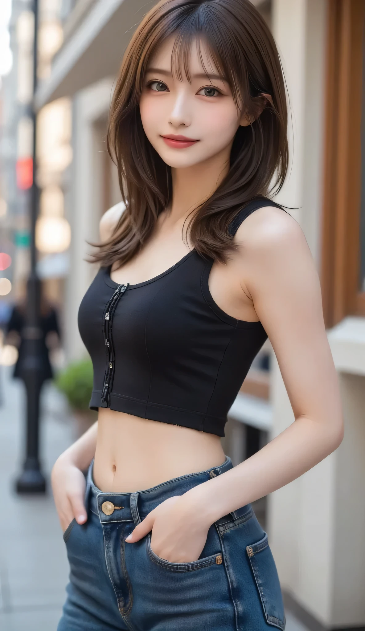 （lifelike， high - resolution：1.3）， 1 girl with a perfect body， Super fine face and eyes，slong hair， Tank top of random colors：1.2， short jeans， big boob，Expose cleavage，random street view