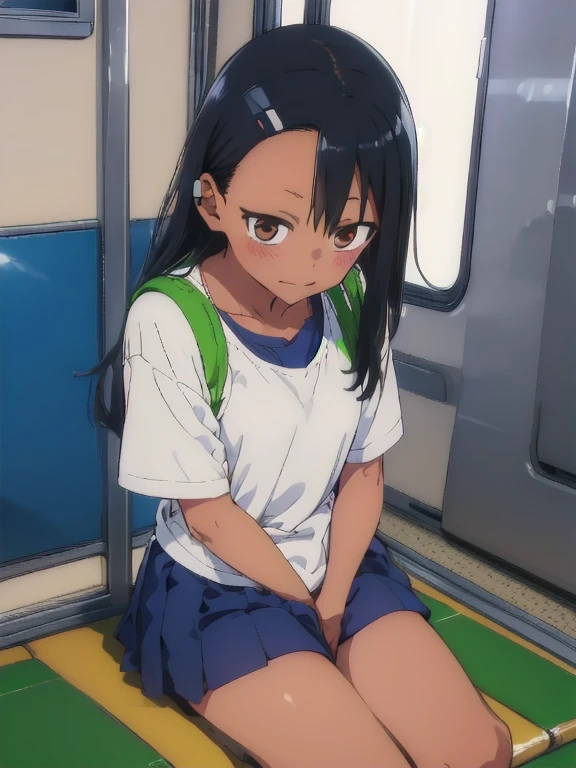 (1) Sitting alone on a long seat in a train,Sit with your legs apart,Panty shot,White panties are visible, , Composition from the front,Low - Angle,
(2) I'm a jk, She is wearing a uniform consisting of a miniskirt, sailor suit and loose socks.,
(3) I have medium length brown hair,
(4) The expression is provocative and smirking.,
(5) The location is a long seat on the Yamanote Line at night.,There are no other customers,The view outside the window is the night view of the city
