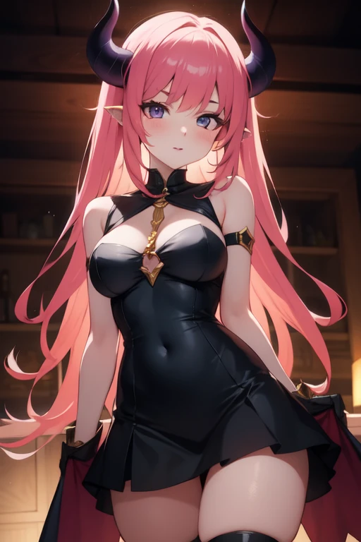 1girl with long pink hair, violet red eyes, two small horns on head, short black dress, big breasts, pink and white striped stockings, stand, night, village ki5chen, shy smile, fire near hands