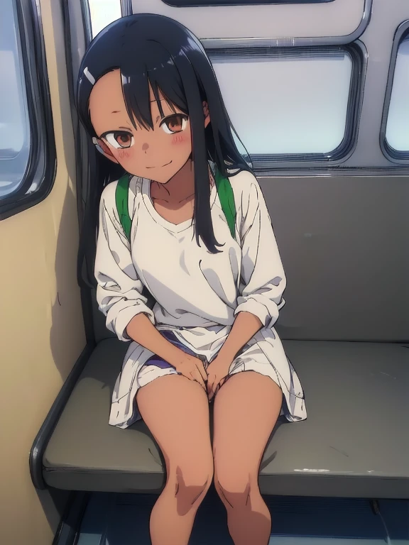 (1) Sitting alone on a long seat in a train,Sit with your legs apart,Showing white panties, Composition from the front,Low - Angle,
(2) I'm a high school student., She is wearing a uniform consisting of a miniskirt, sailor suit and loose socks.,
(3) I have medium length brown hair,
(4) The expression is provocative and smirking.,
(5) The location is a long seat on the Yamanote Line at night.,There are no other customers,The view outside the window is the night view of the city
