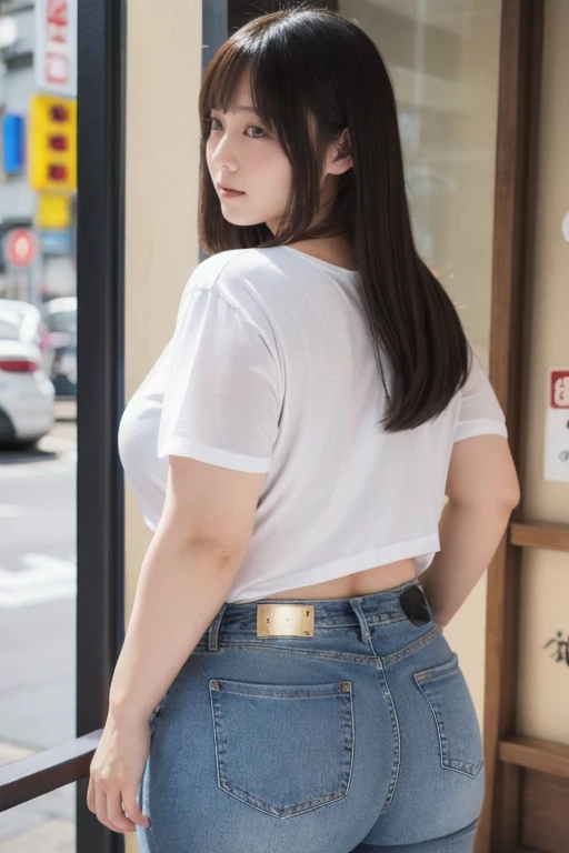 adult plump woman,dark brown hair,25 years old,(fair skin,thick arms:1.2),upperbody,close up,at train,sleeveless white blouse,from behind