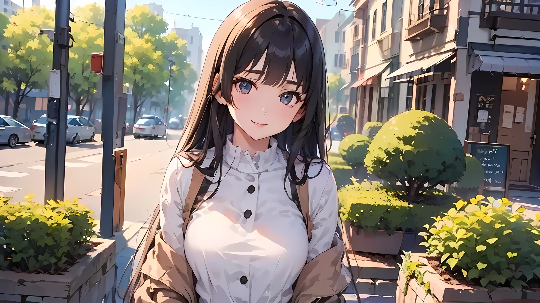 ((best quality)), ((masterpiece)), (detailed), perfect face, textured skin, ((super detail)), high quality, high details, soft focus, black hair, hime cut, spring coat, Shirt blouse, at garden, smile, bust chart, ((cowboy shot))