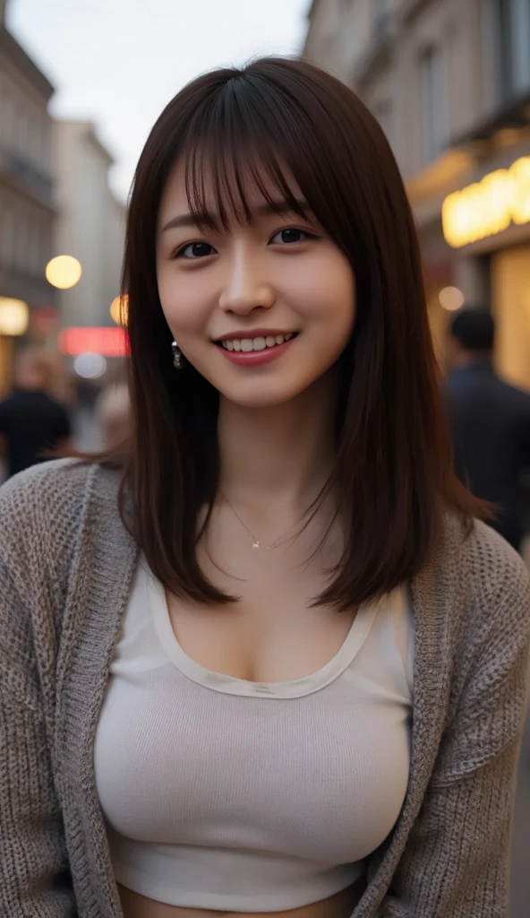 (((masterpiece, best quality:1.2, ultra detailed, beautiful, 8K, photorealistic))), (((a girl, smiling, looking at viewer, semi long, brown hair, detailed skin, skinny, beautiful breasts, cardigan, t-shirt, earrings))), (((in the city, at dusk))), (((upper body, from front, cinematic lighting)))