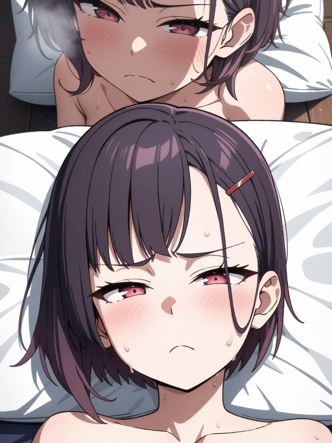 1male, 1girl,{{{{Breastfeeding}}}},1boy,black hair,dark skinned,fat middle aged man,1girl,Nude,Red eyes,Long twin tails,Brown Hair,Eyebrows visible through hair,Flat Chest,upper body,breast focus,