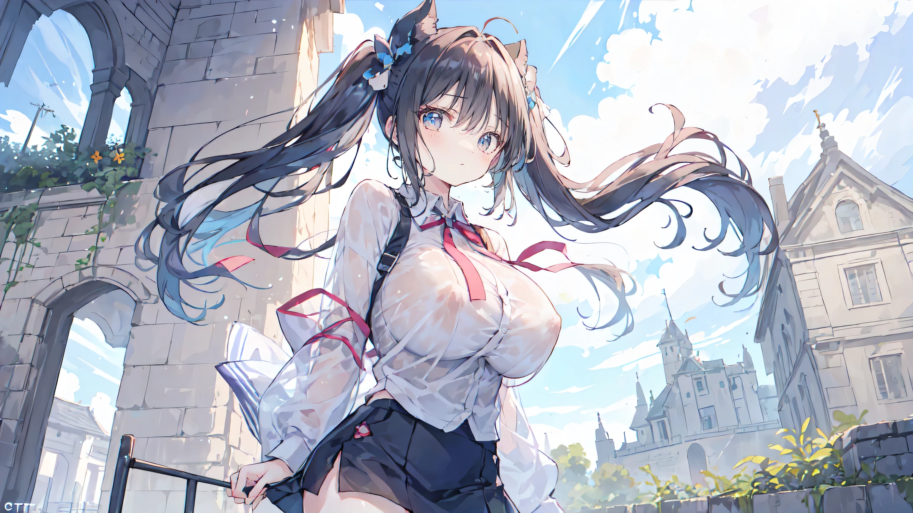 upper body,(((with nice shape))),((Sukesuke see-through Y-shirt)),(Beautiful gigantic breasts with slightly transparent nipples),(miniskirt over GPT),standing,,,,Scenery inside the castle,,twin tails,